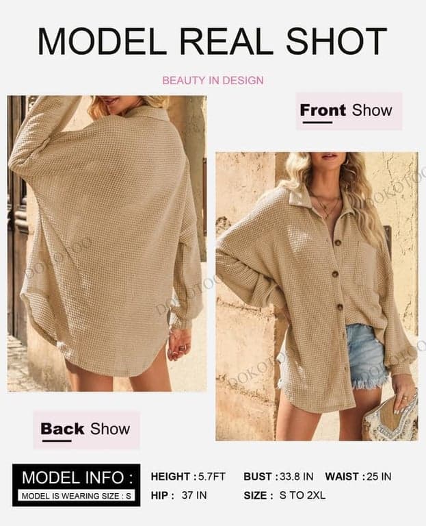 Dokotoo Womens Waffle Knit Shacket Jacket Casual Button Down Shirts Tops | Manga Larga, Ajuste Holgado, Estilo Novio, Cuello en V, Cárdigan de Otoño, Abrigo con Bolsillos - imagen 3