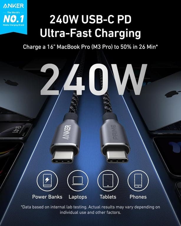 Cable Anker Prime USB C a C, cable de carga rápida de 240 W, nailon trenzado reciclado con durabilidad de flexión de 100 años para iPhone serie 17, MacBook, Galaxy S24 (6 FT) (Paquete de 2) - vista alternativa