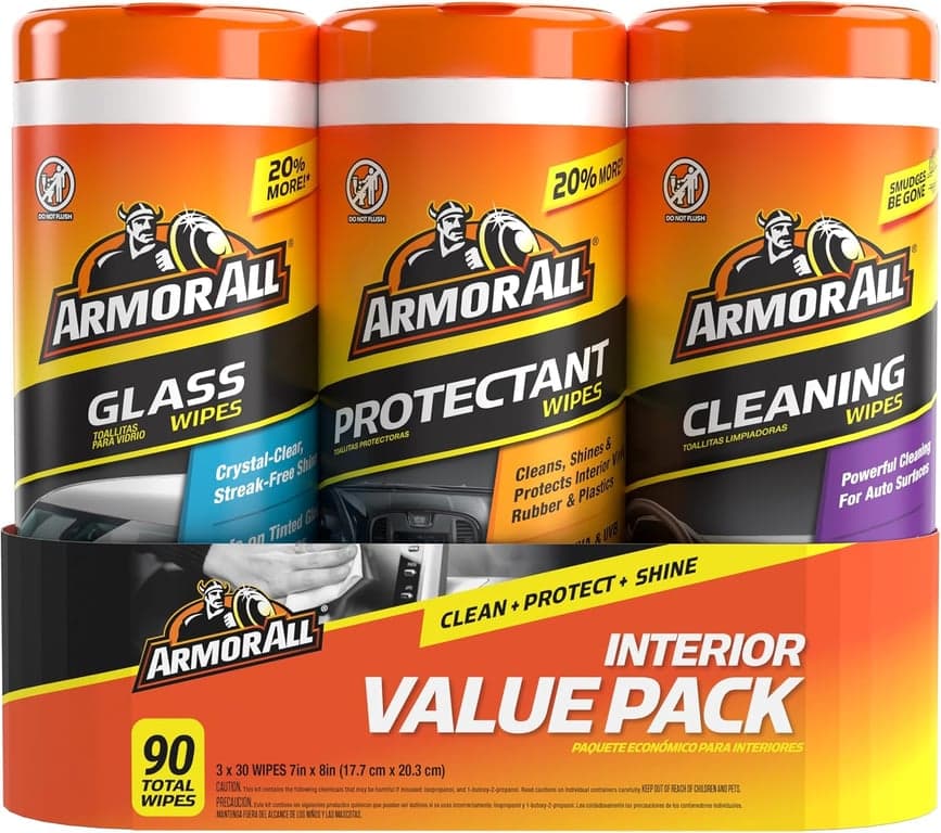 Toallitas Armor All Protectant, para Vidrio y Limpieza, para Interior y Exterior de Automóviles, 30 unidades cada una (Paquete de 3) | para limpieza de automóviles, toallitas para vidrio para pantallas, ventanas y espejos, protector para vinilo y plástico, 30 unidades cada una