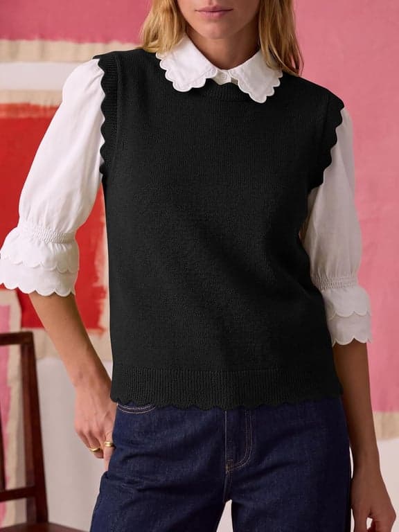 ANRABESS Chaleco de suéter de punto festoneado sin mangas para mujer | Camisetas sin mangas, mezcla suave, cuello redondo, dobladillo ondulado, ajuste regular, estilo preppy Y2K, ligero verano otoño 2026, casual chic - imagen 2