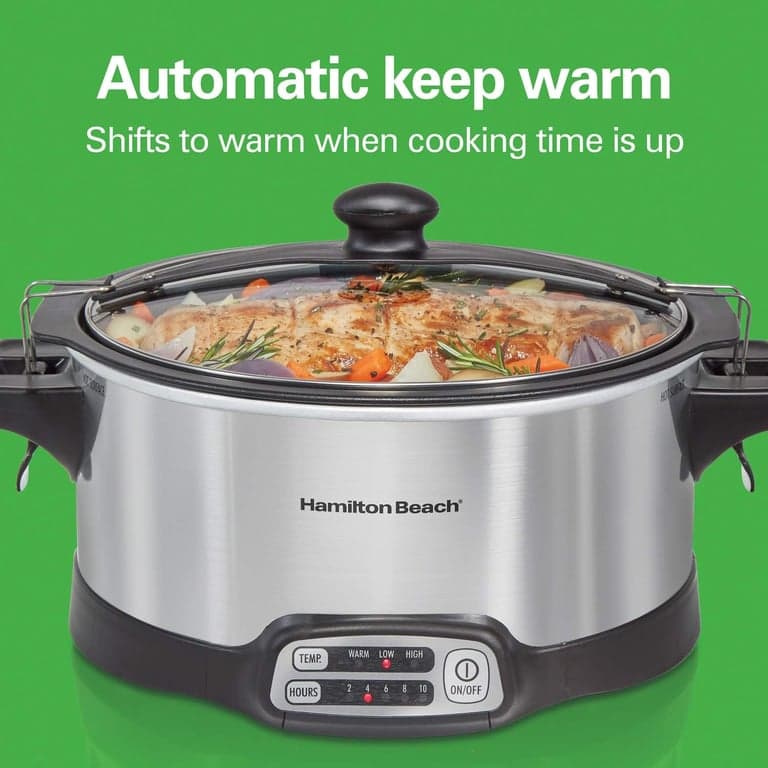 Olla de cocción lenta programable Hamilton Beach con olla de 6 cuartos apta para estufa para sellar y cocinar y tapa de viaje con cierre para transporte portátil, plateada (33663) - imagen 5
