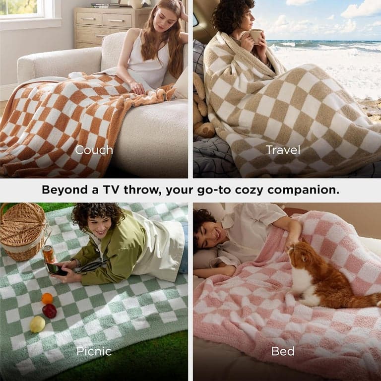 Manta de tiro Bedsure beige para sofá, manta a cuadros suave y acogedora, mantas de tiro de punto cálidas y ligeras para cama, sofá, camping, picnic, viajes, regalos para mujeres y hombres, 50x60 pulgadas - imagen 4