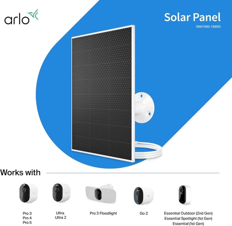 Cargador de panel solar Arlo (blanco), accesorio certificado por Arlo, resistente a la intemperie, fácil instalación (lanzado en 2025), funciona con: Essential Series, Go 2, Pro 3/4/5S/6/6 XL, Ultra Series, Wireless Floodlights - imagen 2
