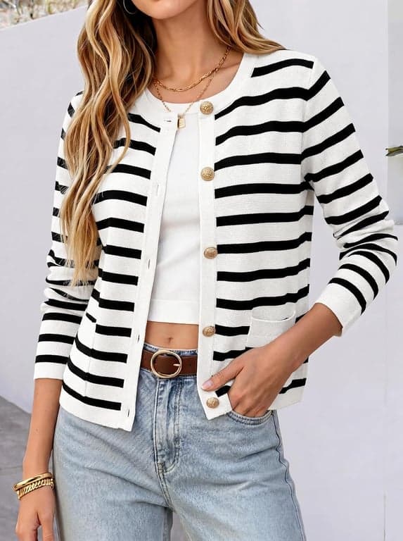ANRABESS Suéteres Cárdigan Cortos con Botones para Mujer | Rayas y Sólidos, Bolsillos, Chaqueta de Otoño para Dama, Ligeramente Holgada, Abrigo Clásico Casual Elegante, Uso Diario para Viajes y Hogar - vista alternativa