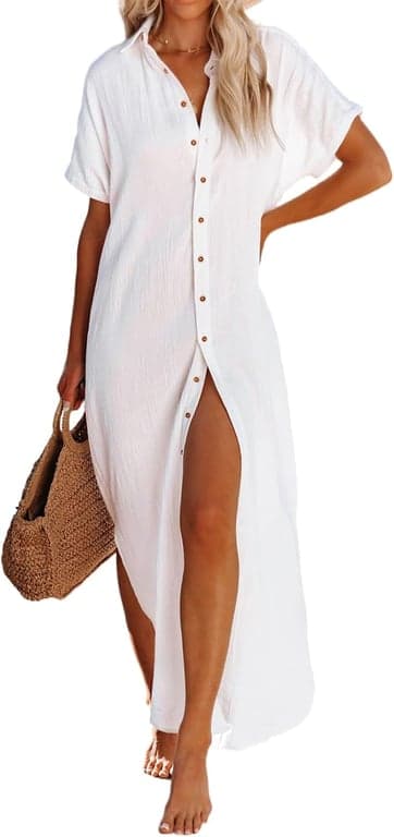 Dokotoo Cárdigans Largos para Mujer Cubre Trajes de Baño Vestido de Playa de Verano | Ropa de Vacaciones de Playa, Cárdigan Kimono Largo con Botones, Abertura Lateral, Traje de de Ajuste Holgado, de Vestidos de