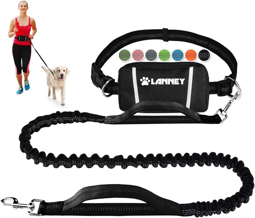 Correa para perro manos libres, correa de cintura para correr con cremallera, bolsa para caminar para perros medianos y grandes, doble asa y bungee retráctil para entrenamiento, trote, senderismo