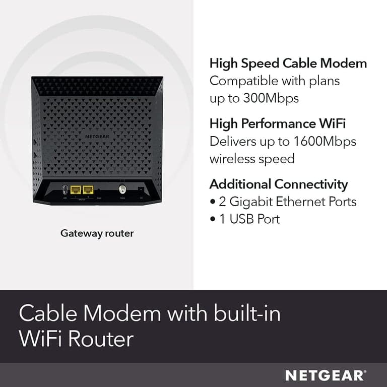 NETGEAR Cable Modem Wi-Fi Router Combo C6250 - Compatible con todos los proveedores de cable incluyendo Xfinity de Comcast, Spectrum, Cox | para planes de cable de hasta 300 Mbps | Velocidad Wi-Fi AC1600 | DOCSIS 3.0 - vista alternativa