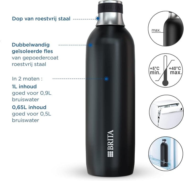 BRITA Botella de acero inoxidable negra para carbonatador de agua SodaTRIO [0.65 L] - de acero inoxidable premium aislada y de doble pared con elegante anillo de silicona en la tapa para un manejo antideslizante, pequeña - imagen 2