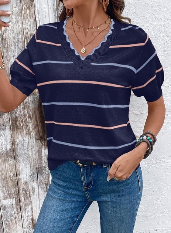 Dokotoo Blusas de punto de manga corta a rayas para mujer Verano 2026 | Atuendos de otoño, Comodidad, Cuello redondo, en V, Suéteres de punto, Crop Tops, Camisas elegantes, Ropa de resort para vacaciones, Suéter suave y acogedor, Moda - vista alternativa