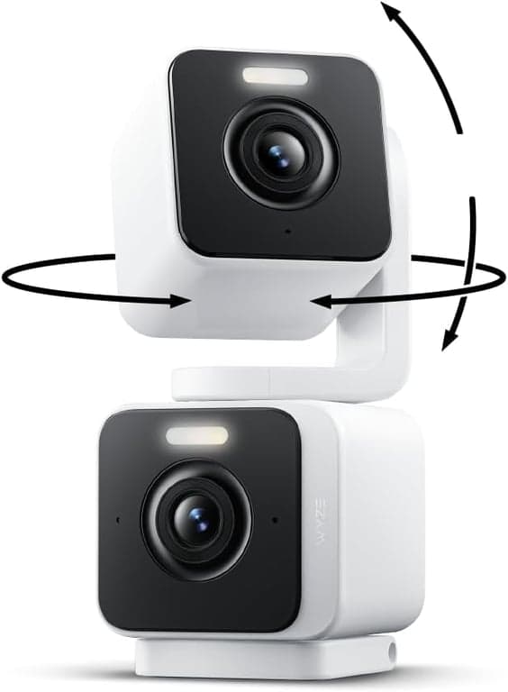 WYZE Duo Cam Pan Cámara de seguridad inteligente para interiores/exteriores IP65 2K 360° Panorámica/Inclinación con visión nocturna a color, compatible con Alexa y Google Assistant, blanca