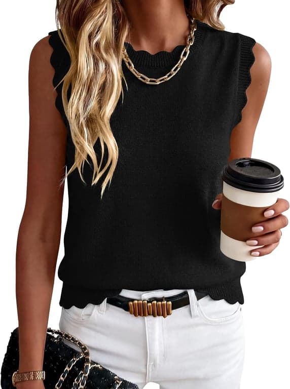 ANRABESS Chaleco de suéter de punto festoneado sin mangas para mujer | Camisetas sin mangas, mezcla suave, cuello redondo, dobladillo ondulado, ajuste regular, estilo preppy Y2K, ligero verano otoño 2026, casual chic