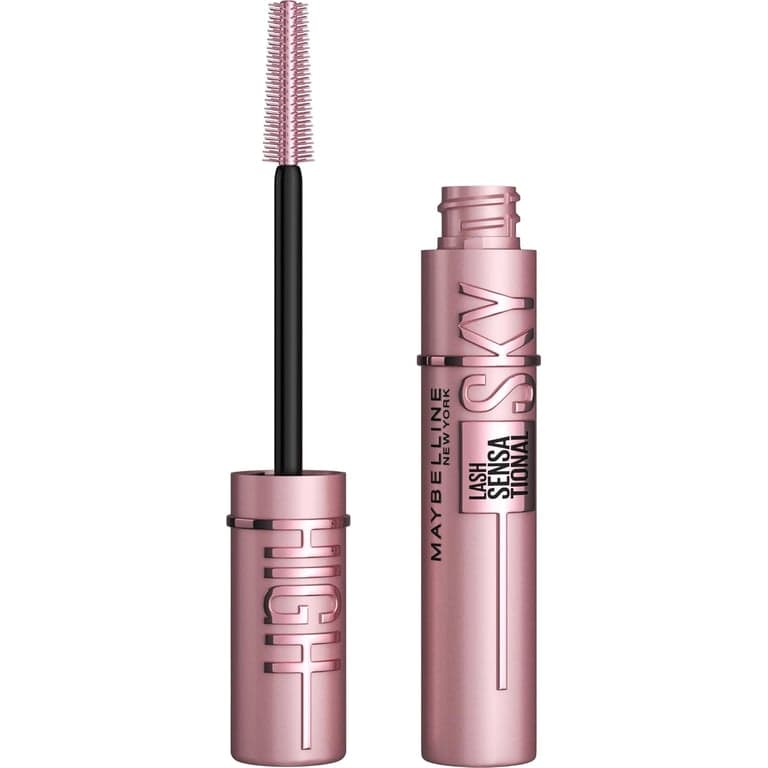 Maybelline Lash Sensational Sky High Máscara de Pestañas Lavable, Voluminizadora, Alargadora, Definitiva, Riza, Multiplica, Fórmula Construible, Blackest Black, 1 Unidad