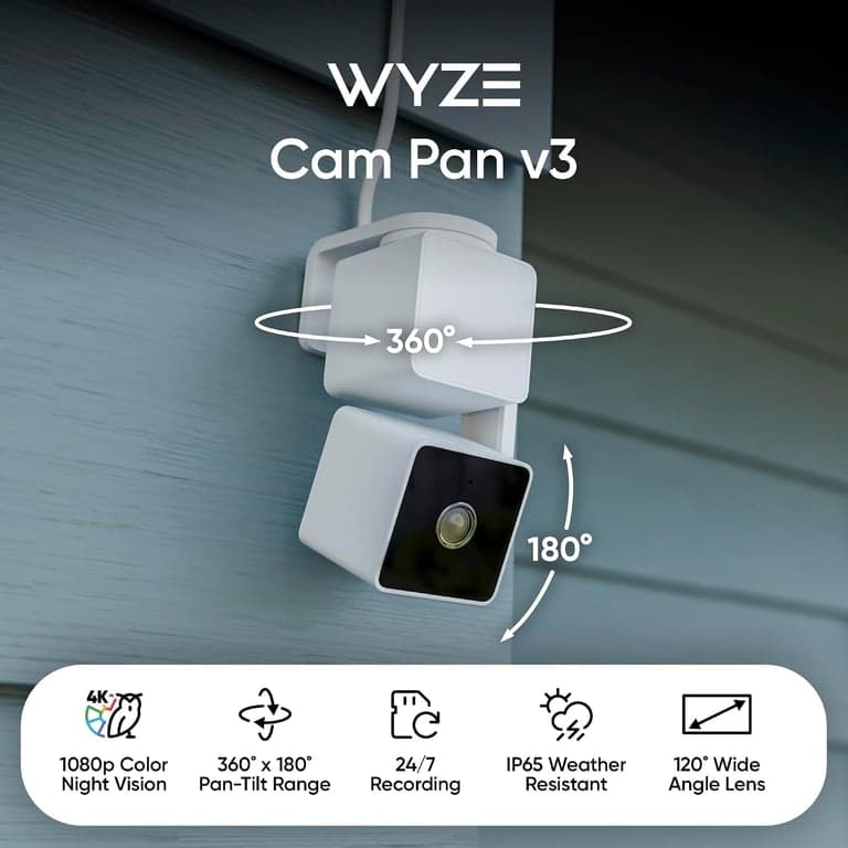 WYZE Cam Pan v3, cámara de seguridad inteligente Wi-Fi con giro/inclinación/zoom de 1080p con clasificación IP65 para interiores/exteriores con visión nocturna a color, audio bidireccional, compatible con Alexa y Google Assistant - vista alternativa