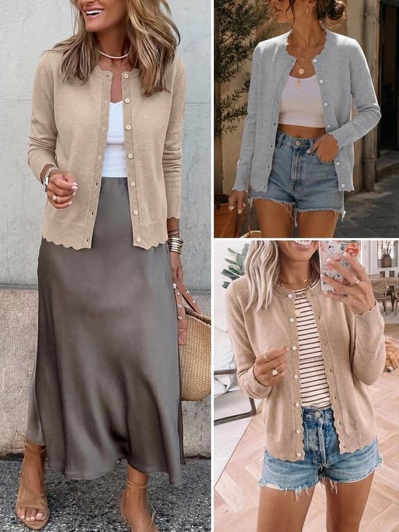 Suéteres tipo cárdigan ligeros con botones para mujer ANRABESS | Cuello redondo manga larga ribete festoneado, tejido suave de verano, atuendos casuales de negocios para el trabajo, salidas de viaje de moda de otoño 2026 - imagen 5