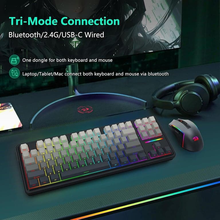 Combo de teclado y mouse mecánico inalámbrico Redragon, retroiluminación RGB, negro - imagen 3