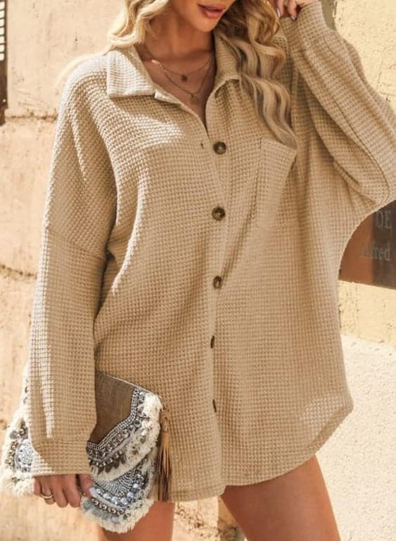 Dokotoo Womens Waffle Knit Shacket Jacket Casual Button Down Shirts Tops | Manga Larga, Ajuste Holgado, Estilo Novio, Cuello en V, Cárdigan de Otoño, Abrigo con Bolsillos - imagen 5