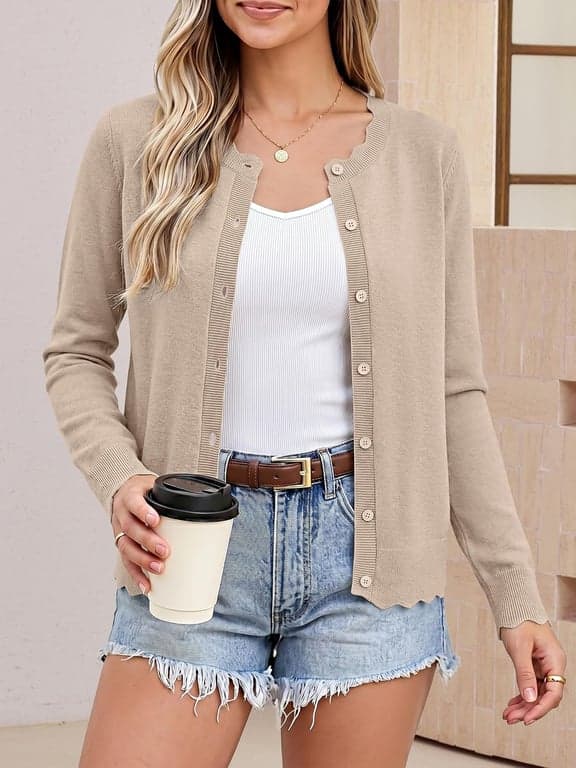 Suéteres tipo cárdigan ligeros con botones para mujer ANRABESS | Cuello redondo manga larga ribete festoneado, tejido suave de verano, atuendos casuales de negocios para el trabajo, salidas de viaje de moda de otoño 2026 - vista alternativa