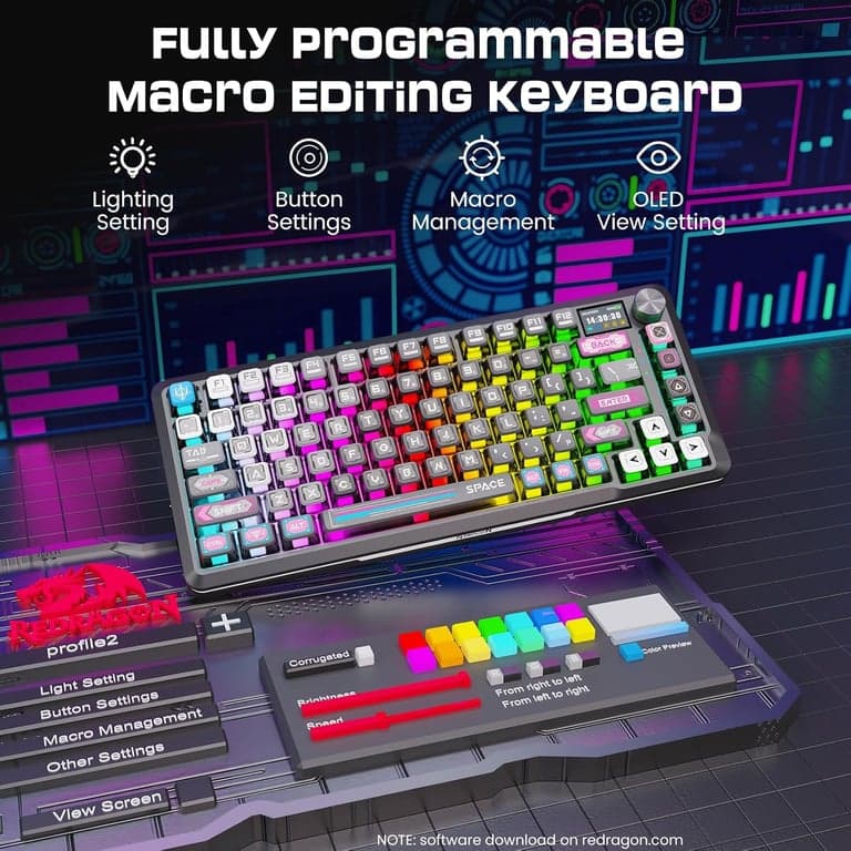 Teclado mecánico inalámbrico Redragon K708 con pantalla, perilla de volumen e interruptores prelubricados - para juegos RGB con junta de tres modos (Bluetooth/2.4G/USB-C), intercambiable en caliente, batería de 4000 mAh para PC, Mac, etc. - imagen 6