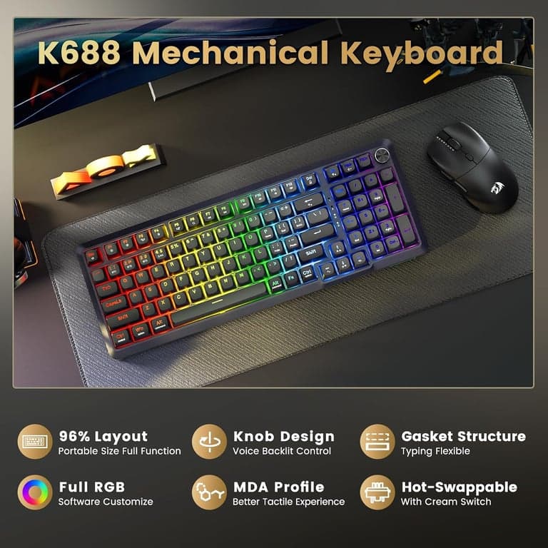 Teclado mecánico para juegos Redragon K688PRO inalámbrico de modo triple con junta | para juegos intercambiable en caliente de 8000 mAh con acolchado de cinco capas y perilla, BT/2.4GHz/USB-C, retroiluminación RGB, 98 teclas, teclado cremoso - vista alternativa