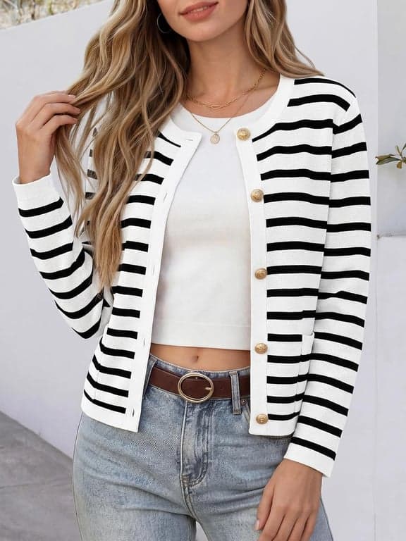 ANRABESS Suéteres Cárdigan Cortos con Botones para Mujer | Rayas y Sólidos, Bolsillos, Chaqueta de Otoño para Dama, Ligeramente Holgada, Abrigo Clásico Casual Elegante, Uso Diario para Viajes y Hogar - imagen 2