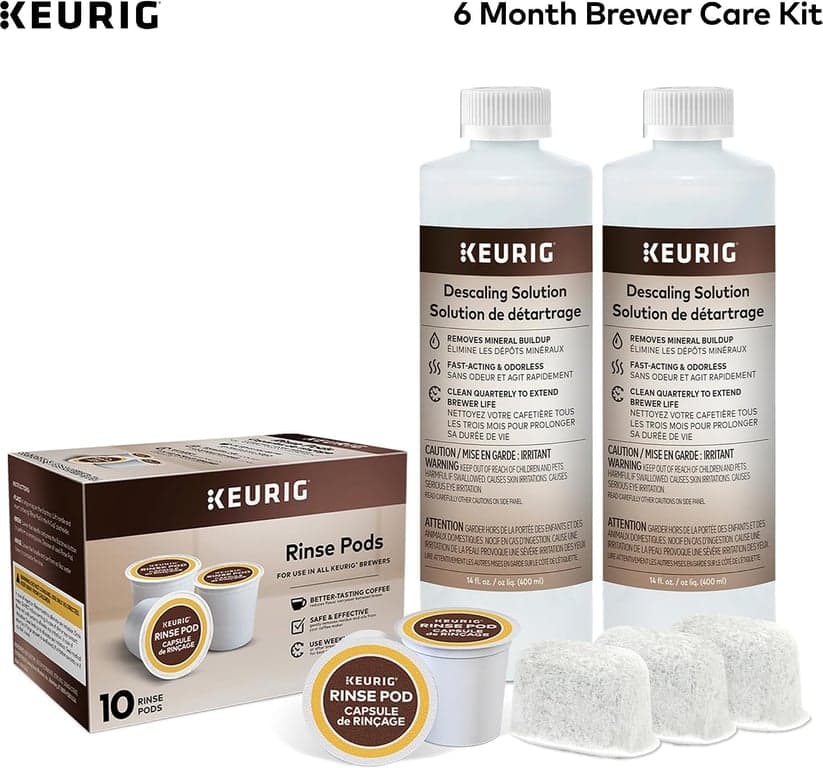 Keurig Kit de mantenimiento para cafetera de 6 meses, incluye solución descalcificadora, cápsulas de enjuague y cartuchos de filtro de agua, funciona con todas las cafeteras de cápsulas K-Cup - vista alternativa