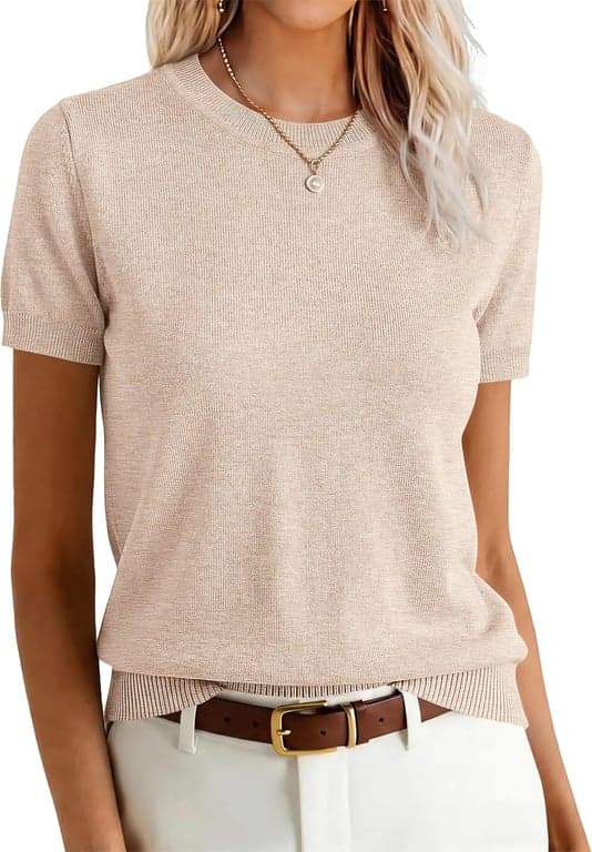 ANRABESS Suéteres de Manga Corta de Lana Mezclada para Mujer | Blusas de Trabajo Casual de Negocios Cuello Redondo, Tejido Cómodo Ligero, Suéter Clásico Pulóver, Atuendos de Primavera Verano Otoño