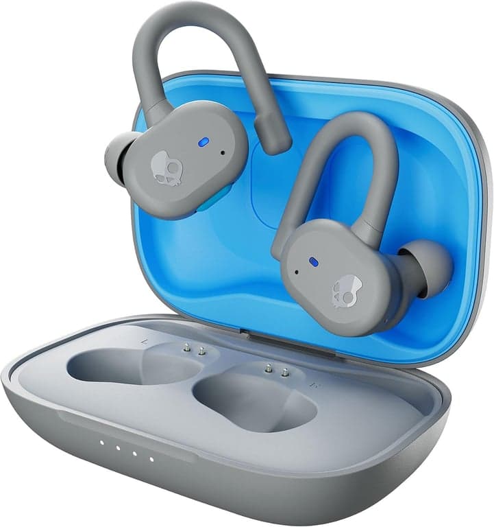 Audífonos Bluetooth intrauditivos inalámbricos Skullcandy Push Active True, úsalos con iPhone y Android con estuche de carga y micrófono, ideales para gimnasio, deportes y juegos, resistentes al agua y al polvo IP55 - Gris/Azul