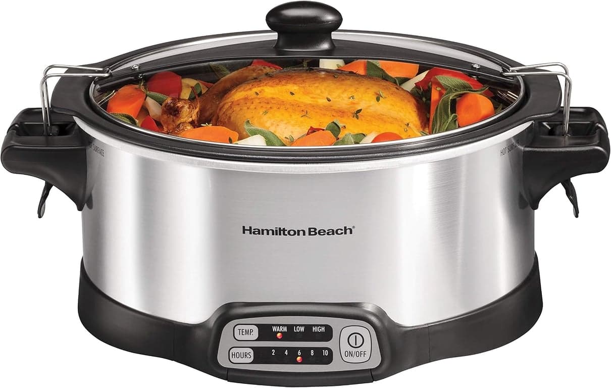 Olla de cocción lenta programable Hamilton Beach con olla de 6 cuartos apta para estufa para sellar y cocinar y tapa de viaje con cierre para transporte portátil, plateada (33663)