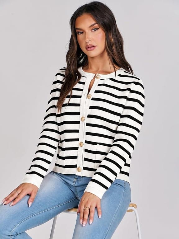 ANRABESS Suéteres Cárdigan Cortos con Botones para Mujer | Rayas y Sólidos, Bolsillos, Chaqueta de Otoño para Dama, Ligeramente Holgada, Abrigo Clásico Casual Elegante, Uso Diario para Viajes y Hogar - imagen 6