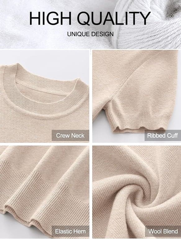 ANRABESS Suéteres de Manga Corta de Lana Mezclada para Mujer | Blusas de Trabajo Casual de Negocios Cuello Redondo, Tejido Cómodo Ligero, Suéter Clásico Pulóver, Atuendos de Primavera Verano Otoño - imagen 6