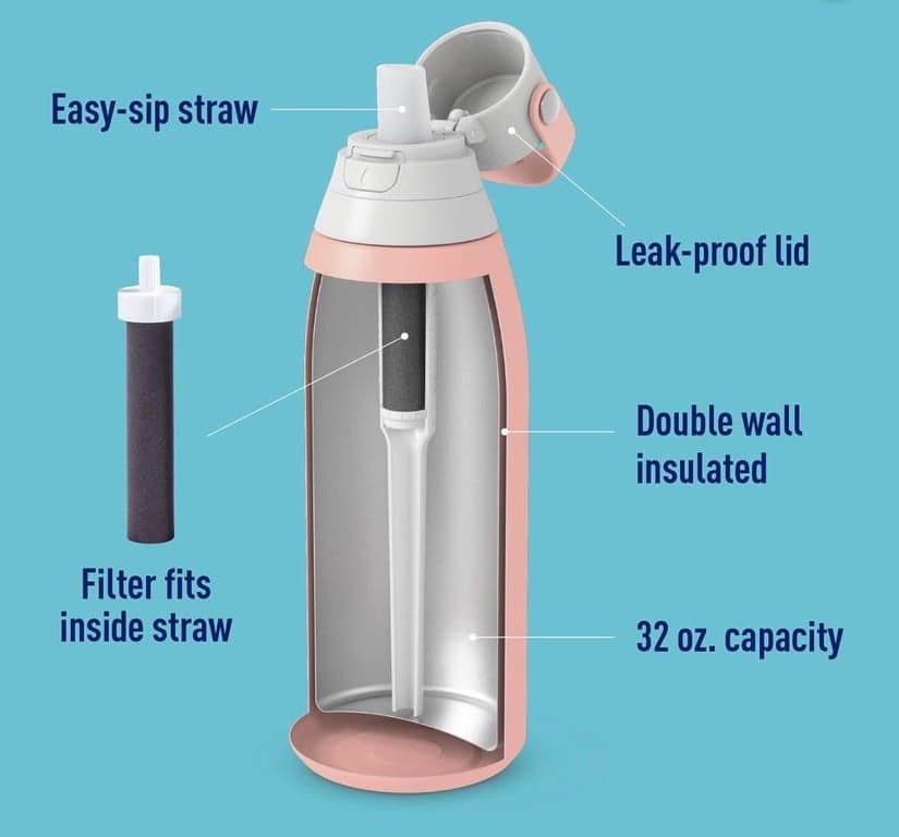 Brita Botella de agua de acero inoxidable premium con filtro, sin BPA, reutilizable, aislada, reemplaza 300 botellas de agua de plástico (32 onzas con 3 filtros) - imagen 3