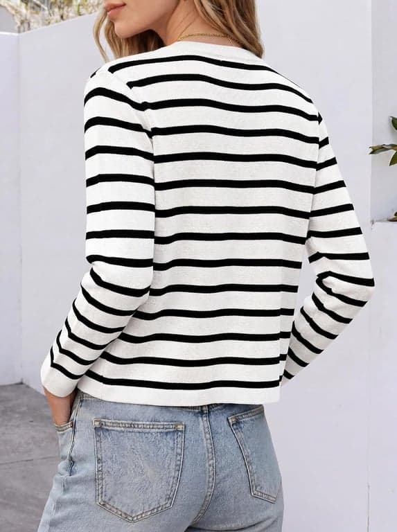 ANRABESS Suéteres Cárdigan Cortos con Botones para Mujer | Rayas y Sólidos, Bolsillos, Chaqueta de Otoño para Dama, Ligeramente Holgada, Abrigo Clásico Casual Elegante, Uso Diario para Viajes y Hogar - imagen 5