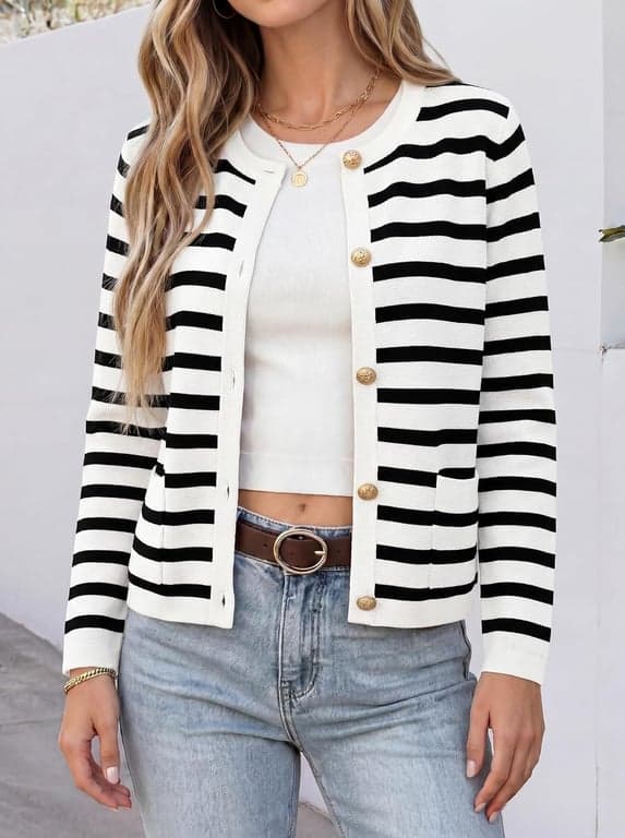 ANRABESS Suéteres Cárdigan Cortos con Botones para Mujer | Rayas y Sólidos, Bolsillos, Chaqueta de Otoño para Dama, Ligeramente Holgada, Abrigo Clásico Casual Elegante, Uso Diario para Viajes y Hogar - imagen 3