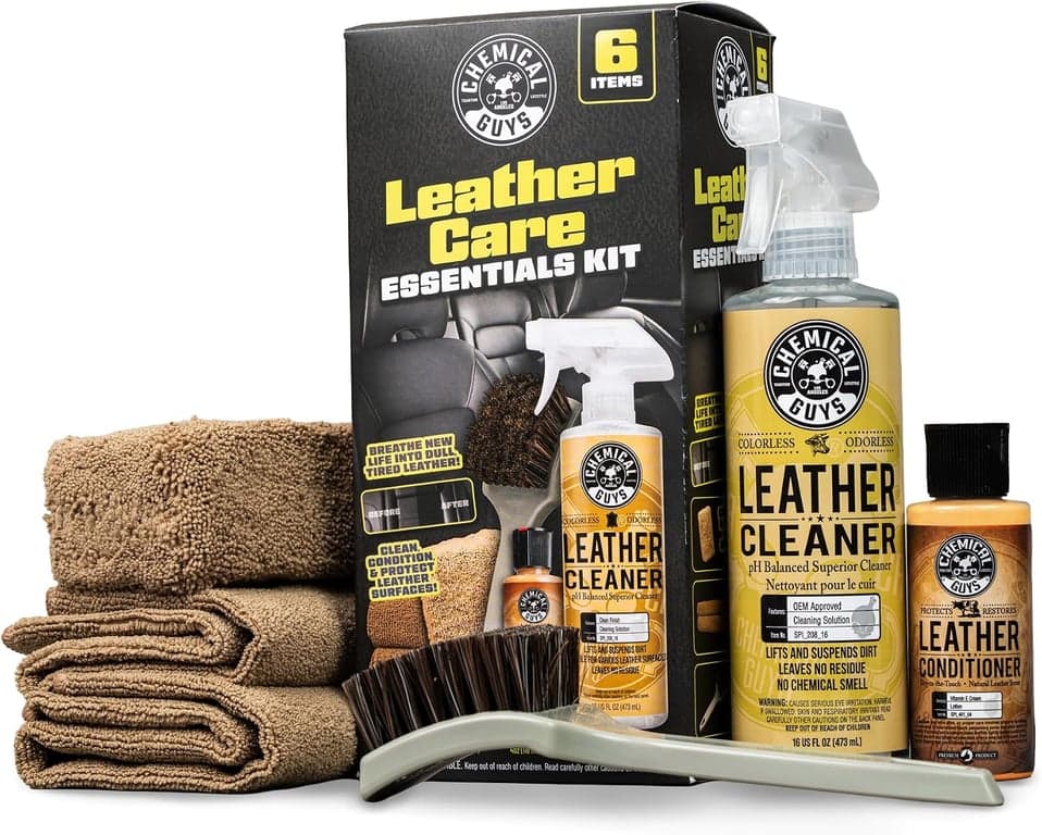 Chemical Guys, Kit de Cuidado para Cuero de Auto, Limpiador, Acondicionador y Herramientas, 6 Piezas