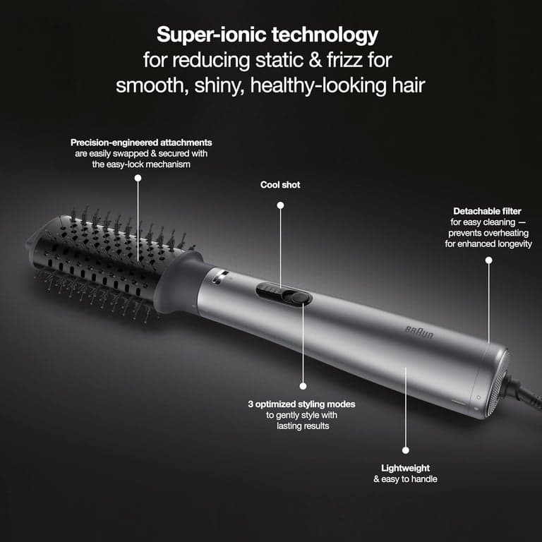 Cepillo secador de pelo 2 en 1 Braun con 3 accesorios | Estilizador de aire caliente de húmedo a seco para todo tipo de cabello | Voluminiza o alisa - vista alternativa