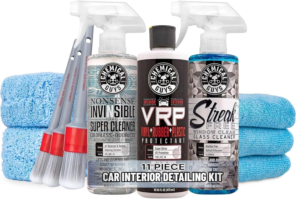 Chemical Guys, Kit de detallado interior de coche de 11 piezas, VRP, Nonsense y Glass | Con protector VRP, limpiador Nonsense, limpiacristales, 3 cepillos de detallado, 3 toallas de microfibra, kit completo