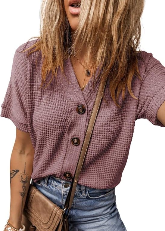 Dokotoo Blusas de Verano para Mujer 2026 Camisas de Punto Waffle con Botones | Modernas, Cuello V, Ajuste Holgado, Chaqueta, Manga Corta, Cárdigan de Verano, Cortas, Shacket, Atuendos para Salir, Elegantes