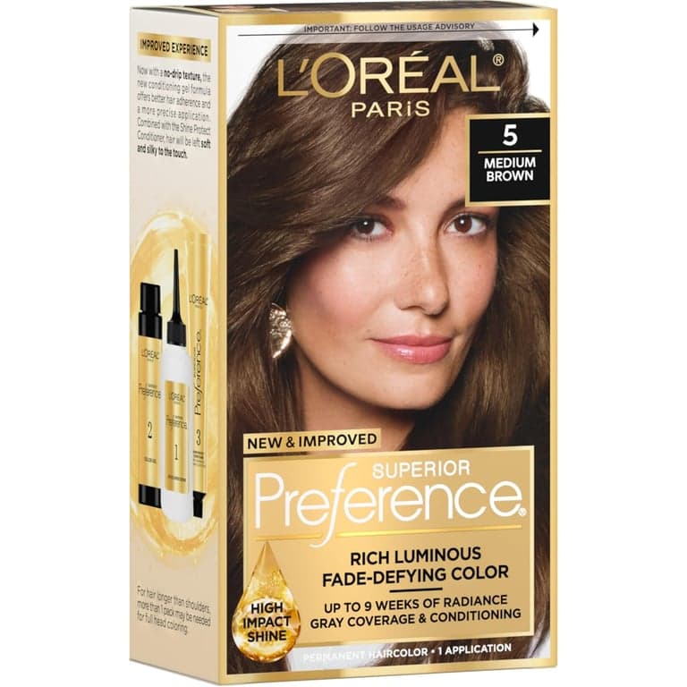 L'Oreal Paris Superior Preference Tinte Permanente Luminoso Resistente a la Decoloración, para el Cabello para Hasta 9 Semanas de Resplandor, Castaño Medio 5, 1 Kit de para el