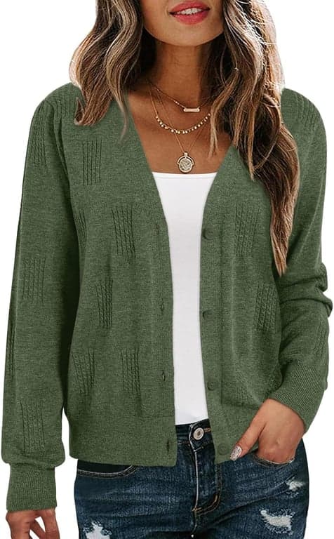 Dokotoo Cárdigans de suéter para mujer con cuello en V, tejido ligero, atuendos de otoño 2026 | Manga larga, abotonado, punto trenzado, encogimientos de hombros, tops de verano, cárdigan casual, tela ligera, color sólido