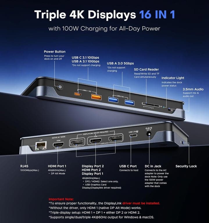 Estación de acoplamiento DisplayLink Acer 16 en 1, Triple 4K@60Hz, Adaptador de corriente de 130W - vista alternativa