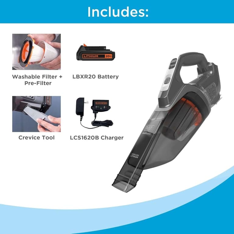 BLACK+DECKER 20V dustbuster Aspiradora pequeña de mano portátil inalámbrica para el hogar y el automóvil, incluye batería recargable (BCHV001C1) - imagen 6