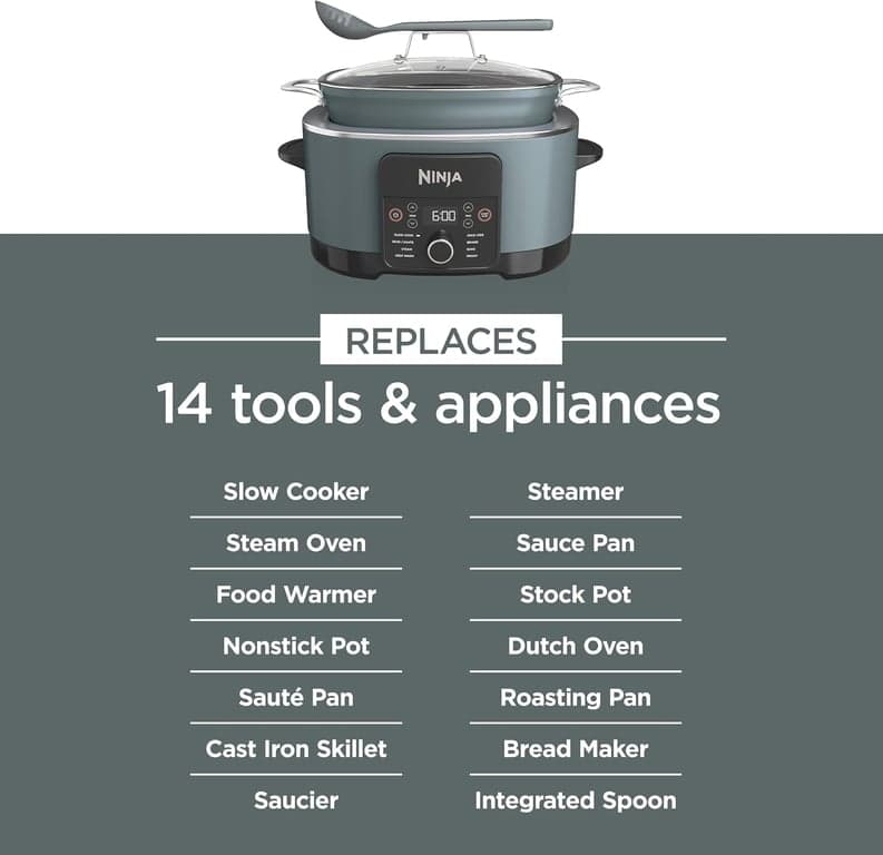 Ninja MC1001C Foodi PossibleCooker PRO Olla de cocción múltiple de 8.5 cuartos, con olla de cocción lenta 8 en 1, horno holandés, vaporera y más, tapa de vidrio y cuchara integrada, antiadherente, olla apta para horno hasta 500°F, gris sal marina, gris sal marina - imagen 4