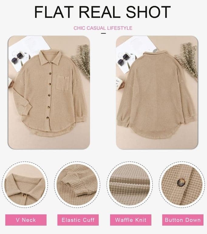 Dokotoo Womens Waffle Knit Shacket Jacket Casual Button Down Shirts Tops | Manga Larga, Ajuste Holgado, Estilo Novio, Cuello en V, Cárdigan de Otoño, Abrigo con Bolsillos - imagen 4