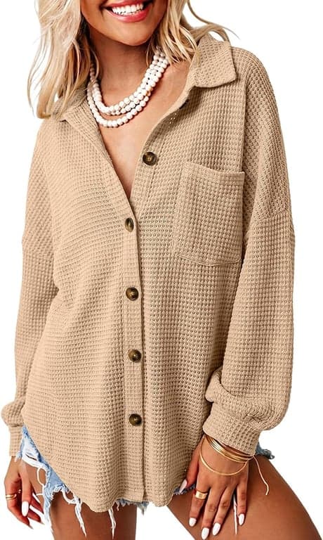 Dokotoo Womens Waffle Knit Shacket Jacket Casual Button Down Shirts Tops | Manga Larga, Ajuste Holgado, Estilo Novio, Cuello en V, Cárdigan de Otoño, Abrigo con Bolsillos