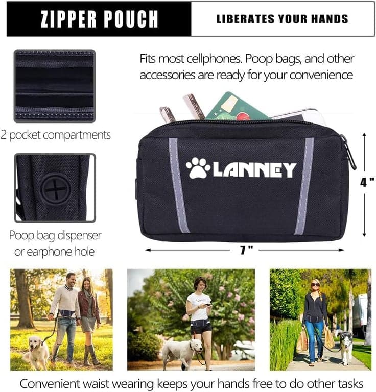 Correa para perro manos libres, correa de cintura para correr con cremallera, bolsa para caminar para perros medianos y grandes, doble asa y bungee retráctil para entrenamiento, trote, senderismo - imagen 5