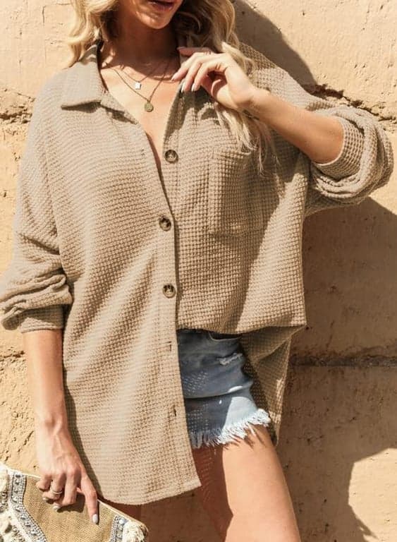 Dokotoo Womens Waffle Knit Shacket Jacket Casual Button Down Shirts Tops | Manga Larga, Ajuste Holgado, Estilo Novio, Cuello en V, Cárdigan de Otoño, Abrigo con Bolsillos - imagen 6