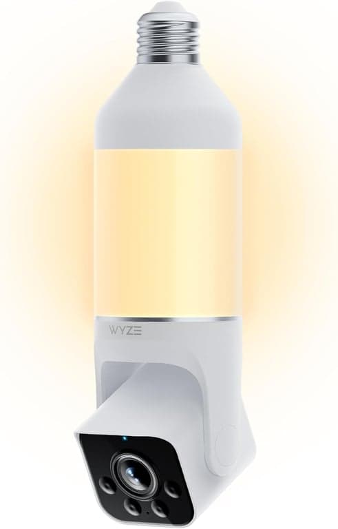 WYZE Bulb Cam - Cámara de seguridad inteligente con bombilla de luz 2K HD con visión nocturna a color, LED regulable de 800 lúmenes, vista amplia de 160°, detección de movimiento y sirena, casquillo E26, Alexa/Google/IFTTT