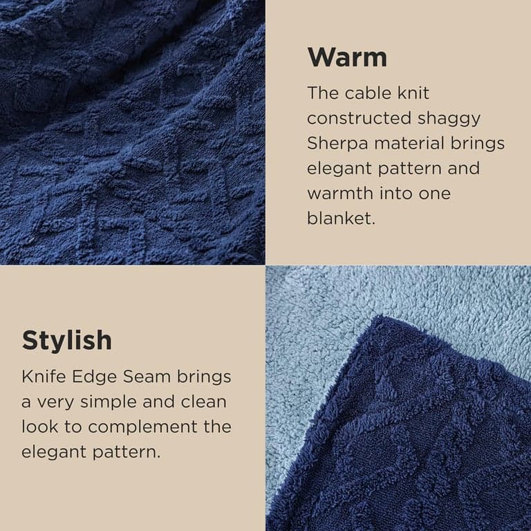 Manta Sherpa Cable Bedsure, tamaño "throw" (azul marino y gris) - imagen 4