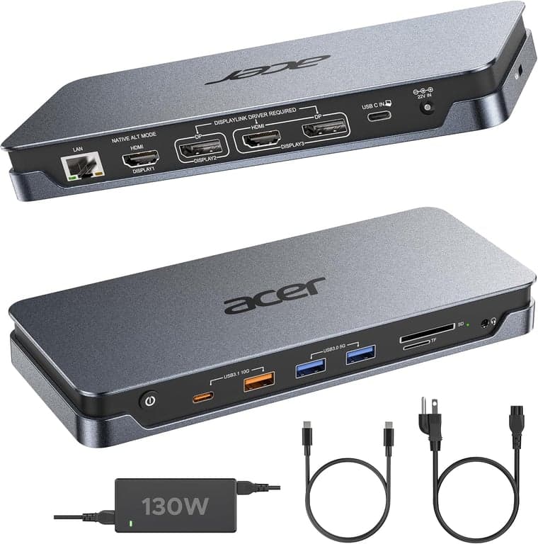 Estación de acoplamiento DisplayLink Acer 16 en 1, Triple 4K@60Hz, Adaptador de corriente de 130W