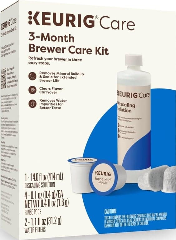 Kit de mantenimiento de cafetera Keurig para 3 meses, incluye solución descalcificadora, cartuchos de filtro de agua y cápsulas de enjuague, compatible con cafeteras K-Cup Classic/1.0 y 2.0, 7 unidades